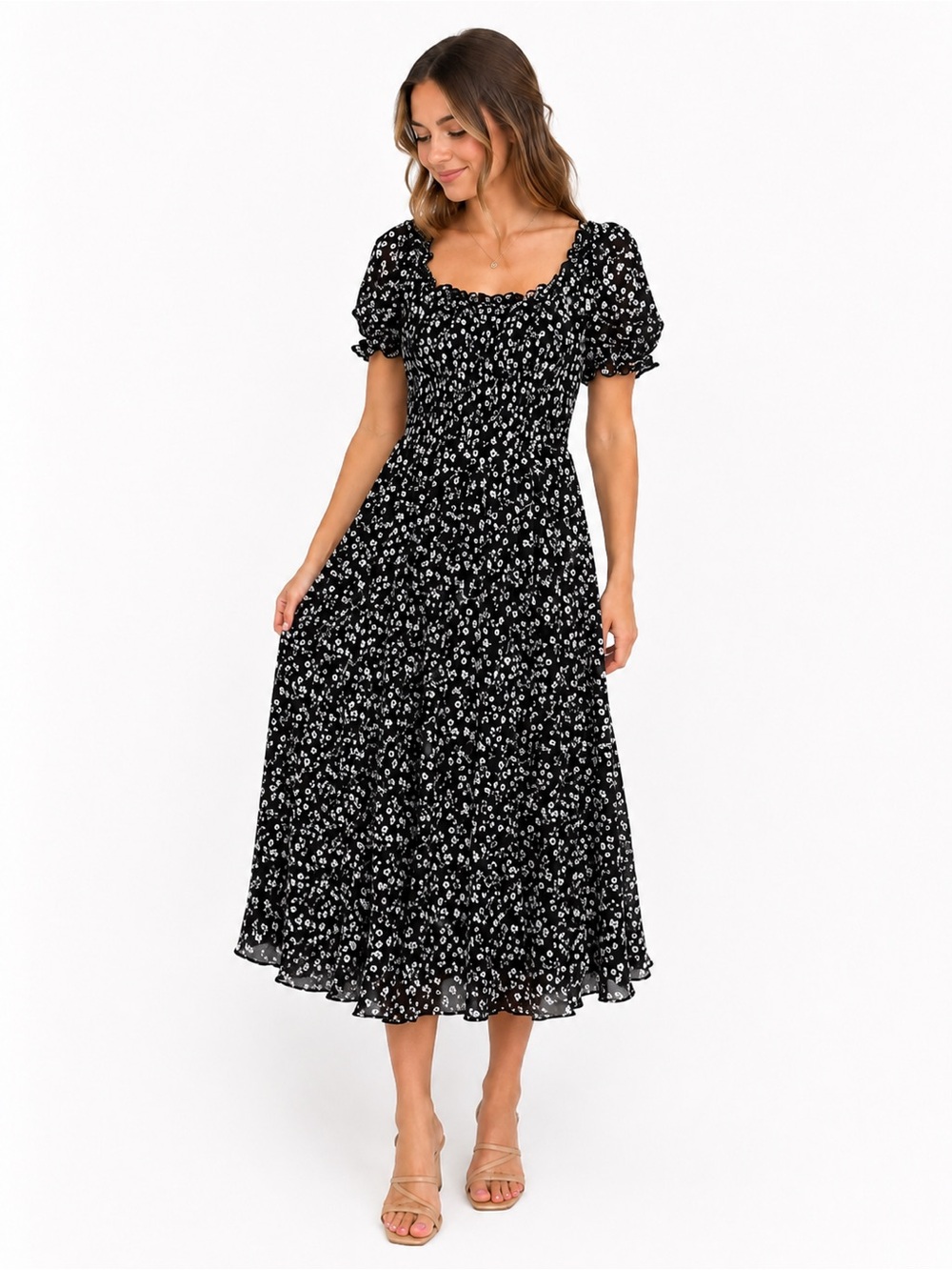 Ember Black Floral Smocked Midi Dress | Size PL (Petite Large)